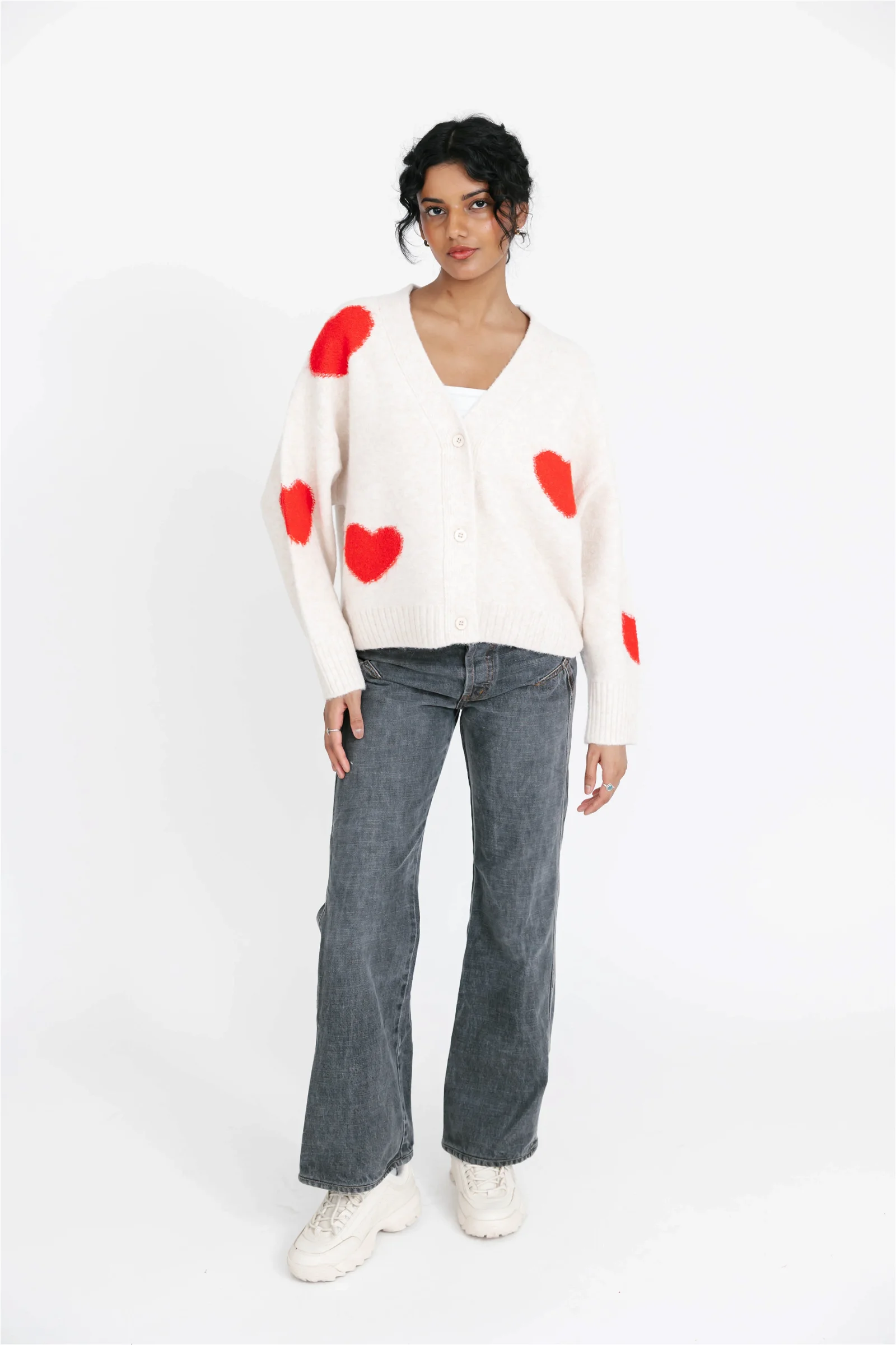 Image of Eloise Heart Cardigan in Ecru Red Combo