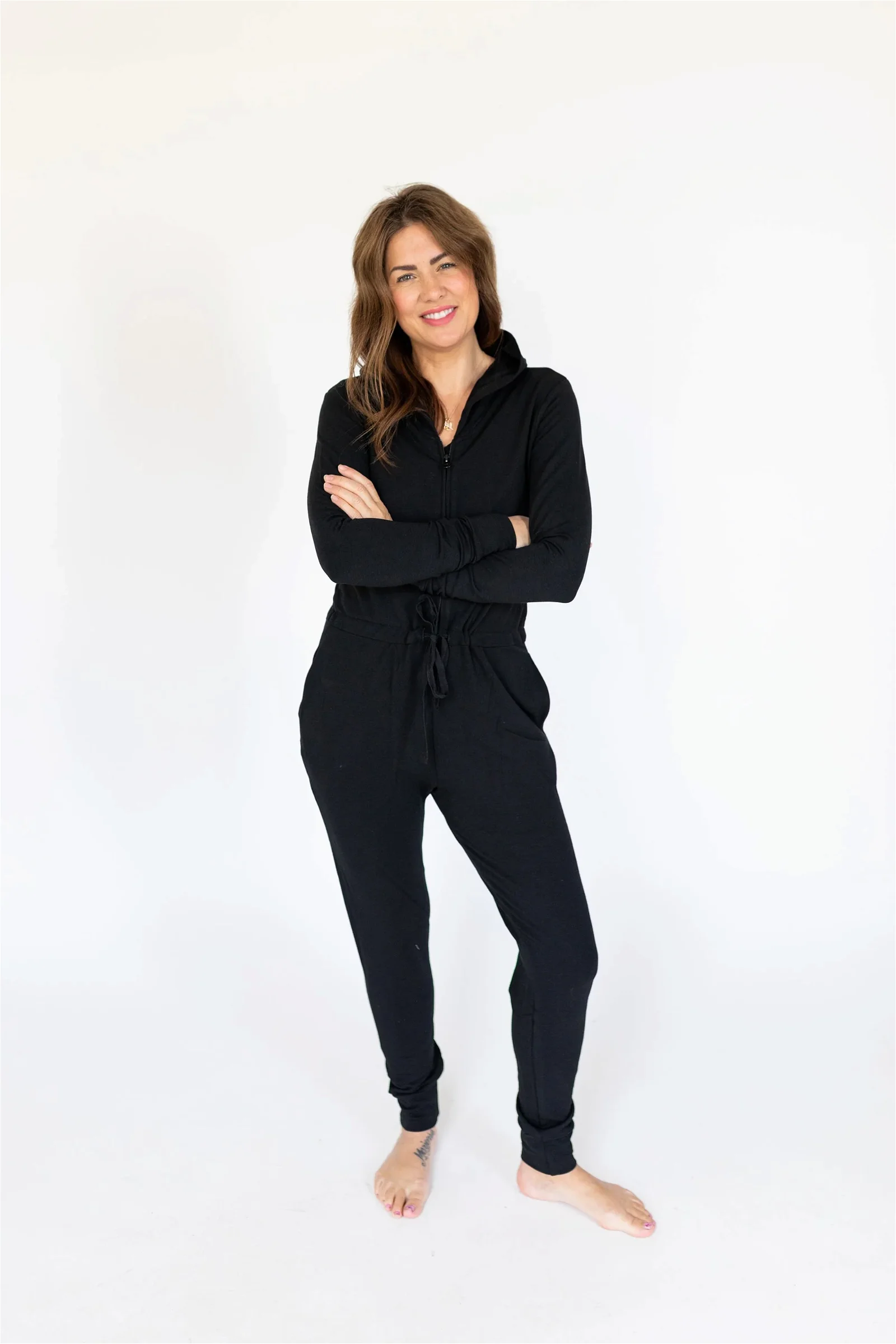 Image of Harris Hoodie Romper in Midnight Black