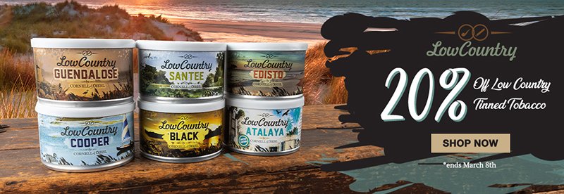 Now through March 8th at 11:59 p.m. ET, receive 20% off all Low Country tinned tobacco on-site.