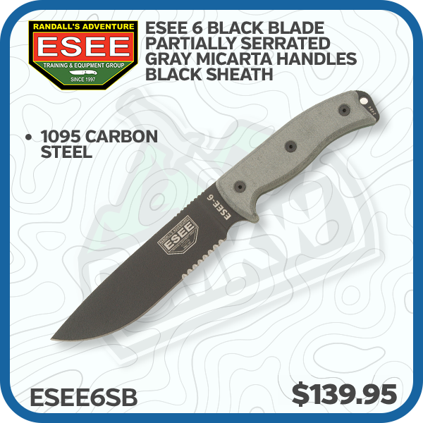 ESEE 6 Black Blade Partially Serrated Gray Micarta Handles Black Sheath