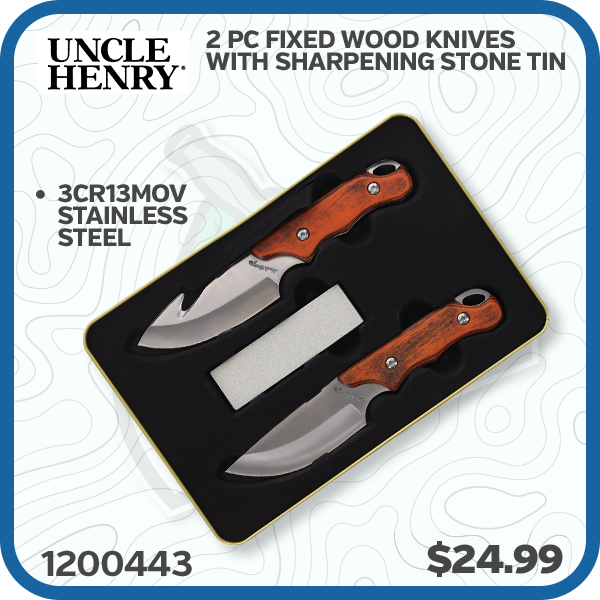 Uncle Henry 2 pc Fixed Wood Knives With Sharpening Stone Tin