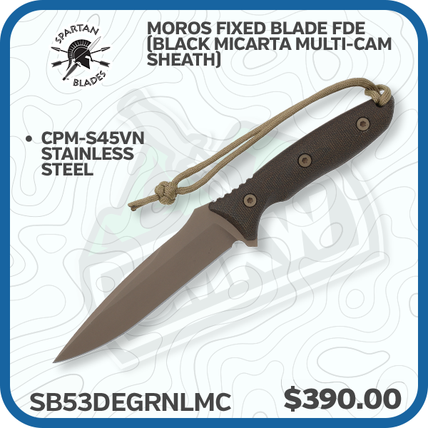 Spartan Blades Moros Fixed Blade FDE S45VN (Black Micarta Multi-Cam Sheath)