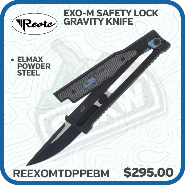 Reate Exo-M Safety Lock Gravity Knife Satin and Black Elmax/Black PVD/Black Micarta