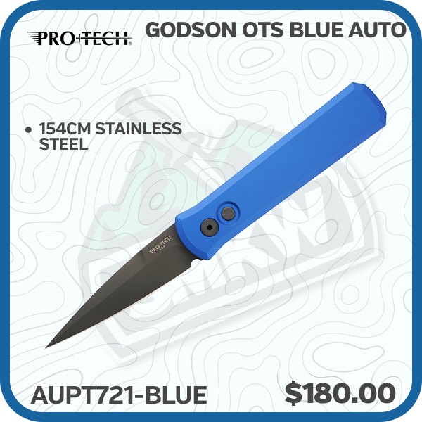 ProTech Godson OTS Blue Auto Knife 3.15in Black DLC Spearpoint Blade