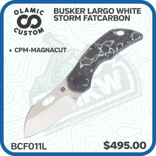 Olamic Busker Largo Framelock Folding Knife 011-L (Satin Magnacut White Storm FatCarbon/Dark Blast)