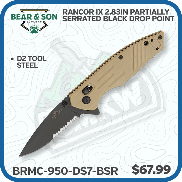 Bear & Son Rancor IX 2.83in Partially Serrated Black Drop Point