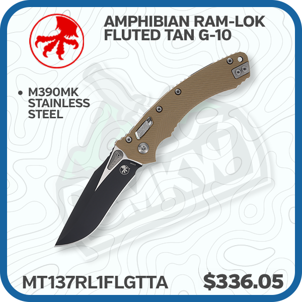 Microtech Amphibian RAM-LOK Folding Knife Black M390MK Fluted Tan G-10