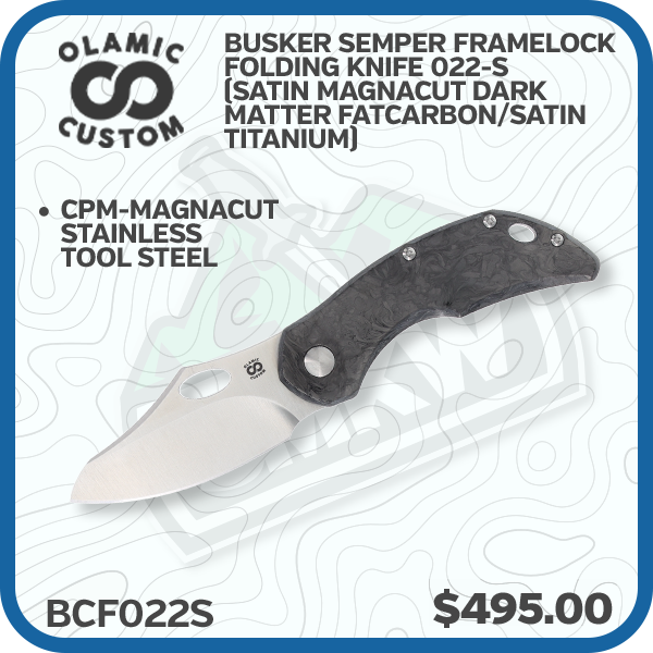 Olamic Busker Semper Framelock Folding Knife 022-S (Satin Magnacut Dark Matter FatCarbon/Satin Titanium)