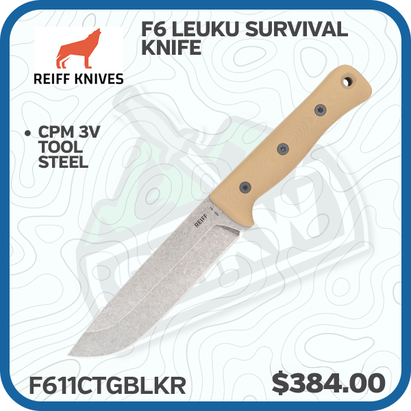 Reiff Knives F6 Leuku Survival Knife Acid Stonewash Coyote Tan G10 Black Kydex Sheath