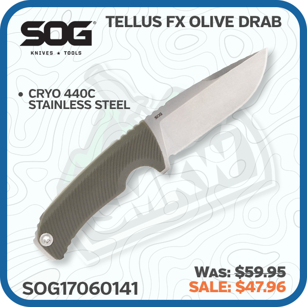 SOG Tellus Fx Olive Drab 4.2in Clip Point Stonewashed Fixed Blade