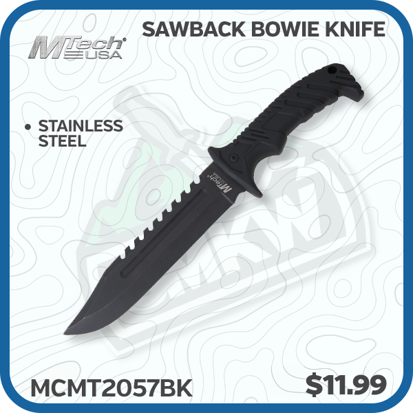 MTech Sawback Bowie Knife 7 Inch Plain Black Clip Point