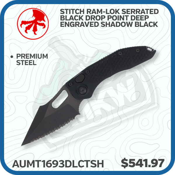 Microtech Stitch RAM-LOK Serrated Black Drop Point Deep Engraved Shadow Black