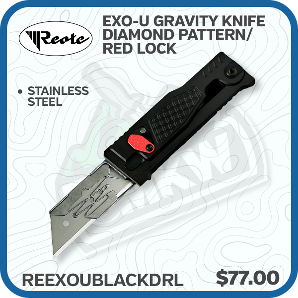 Reate Exo-U Gravity Knife Black Aluminum with Diamond Pattern/Red Lock