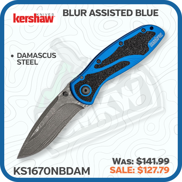 Kershaw Blur Assisted Blue Folding Knife 3.4in Damascus Drop Point