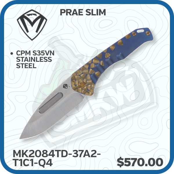 Medford Prae Slim Folding Knife S35VN Tumbled DP Blade Blue Handles Bronze Hardware and Clip