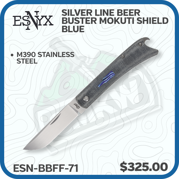 ESNYX Silver Line Beer Buster Mokuti Shield Blue 3.02in Plain Satin Drop Point