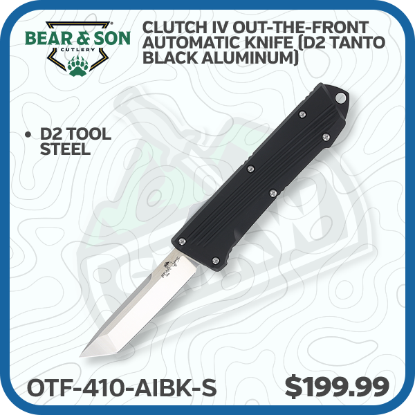 Bear & Son Clutch IV Out-the-Front Automatic Knife (D2 Tanto | Black Aluminum)