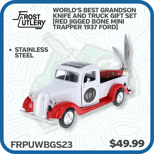 Frost Cutlery World's Best Grandson Knife and Truck Gift Set (Red Jigged Bone Mini Trapper 1937 Ford)