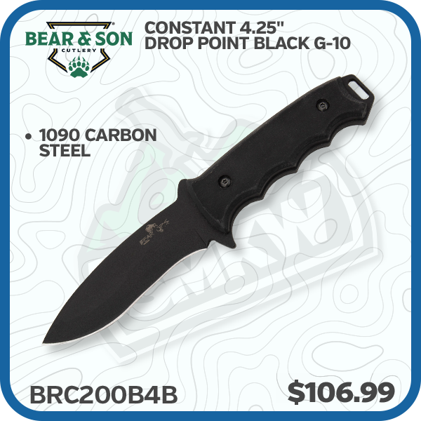 Bear & Son Constant 4.25" 1095 Drop Point Black G-10