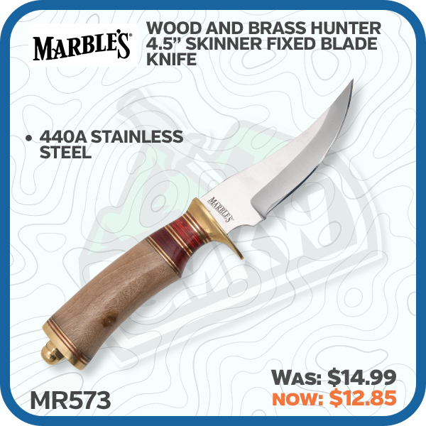 Marbles Wood and Brass Hunter 4.5in Skinner Fixed Blade Knife