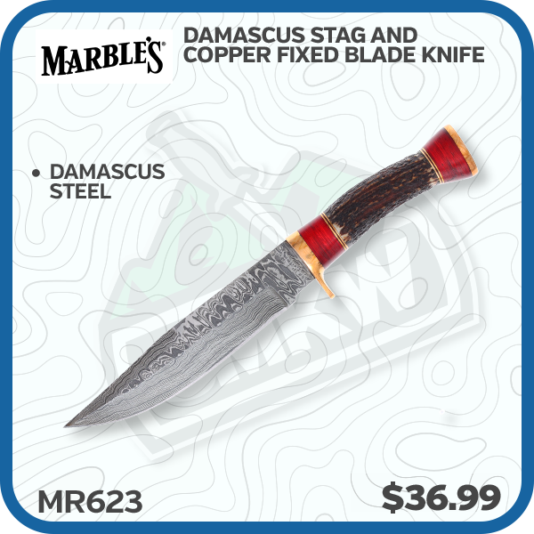 Marble's Damascus Stag and Copper Fixed Blade Knife