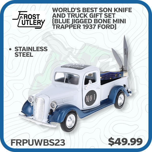 Frost Cutlery World's Best Son Knife and Truck Gift Set (Blue Jigged Bone Mini Trapper 1937 Ford)