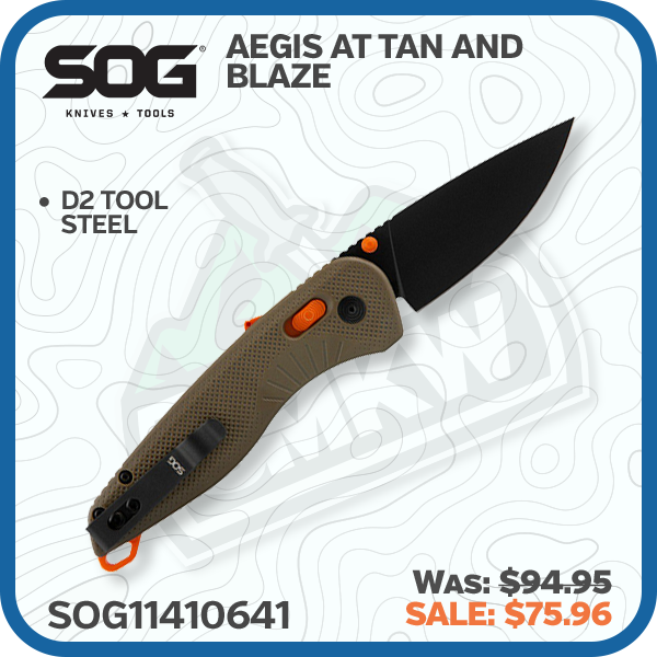 SOG Aegis AT Folding Knife Tan and Blaze 3.13in Drop Point Plain Blade