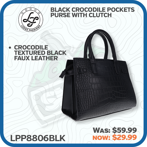 Leda's Fashions Black Crocodile Pockets Purse with Clutch