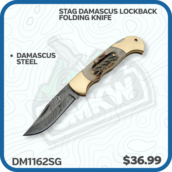 Stag Damascus Lockback Folding Knife