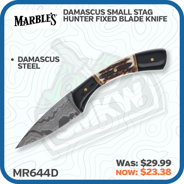 Marbles Small Stag Fixed Blade 3in Damascus Leaf Shape Acorn Shield