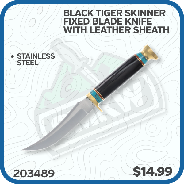 Black Tiger Skinner Fixed Blade Knife with Leather Sheath