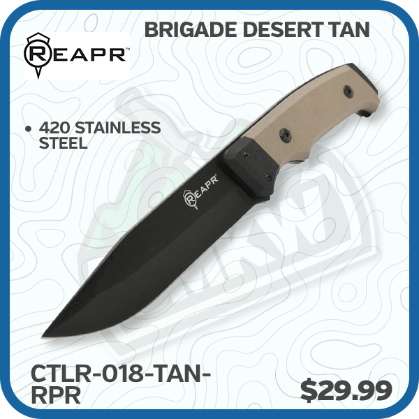 REAPR Brigade Desert Tan 5 Inch Plain Black Powder Coated Drop Point