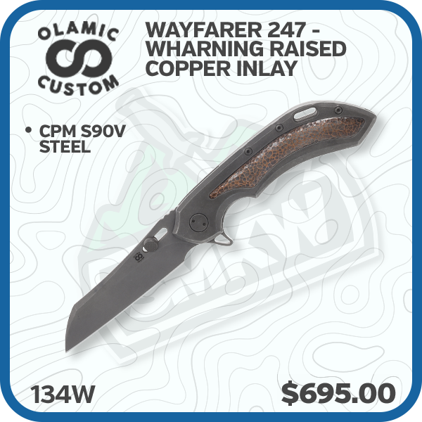 Olamic Wayfarer 247 Folding Knife All Stonewash Wharning Raised Copper Inlay