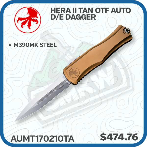 Microtech Hera II Tan OTF Auto Knife 4in Stonewash D/E Dagger Blade