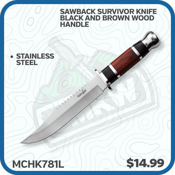 Sawback Survivor Knife Black and Brown Wood Handle