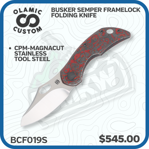 Olamic Busker Semper Framelock Folding Knife 019-S (Satin Magnacut Lava Flow FatCarbon/Wash Rocks)