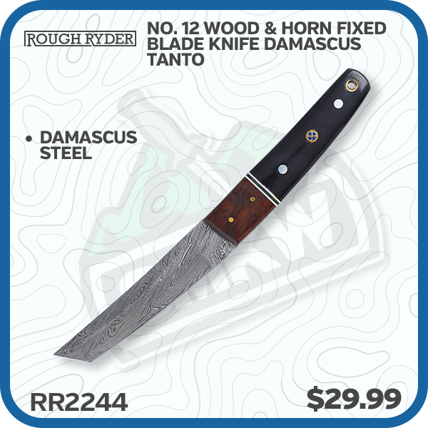 Rough Ryder No. 12 Wood & Horn Fixed Blade Knife Damascus Tanto