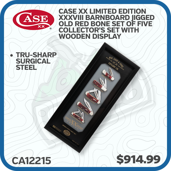 Case XX Limited Edition XXXVIII Barnboard Jigged Old Red Bone Set of Five Collector's Set with Wooden Display