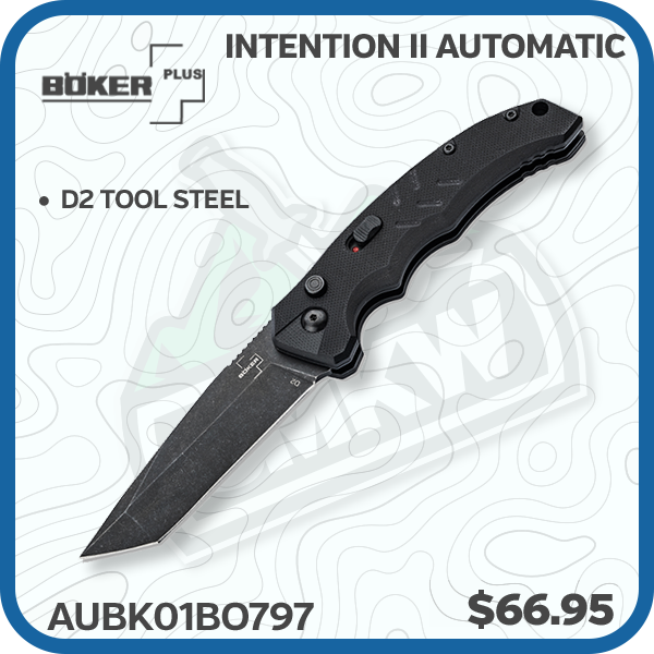 Boker Plus Intention II Automatic 3.07in Plain Black Stonewash Tanto