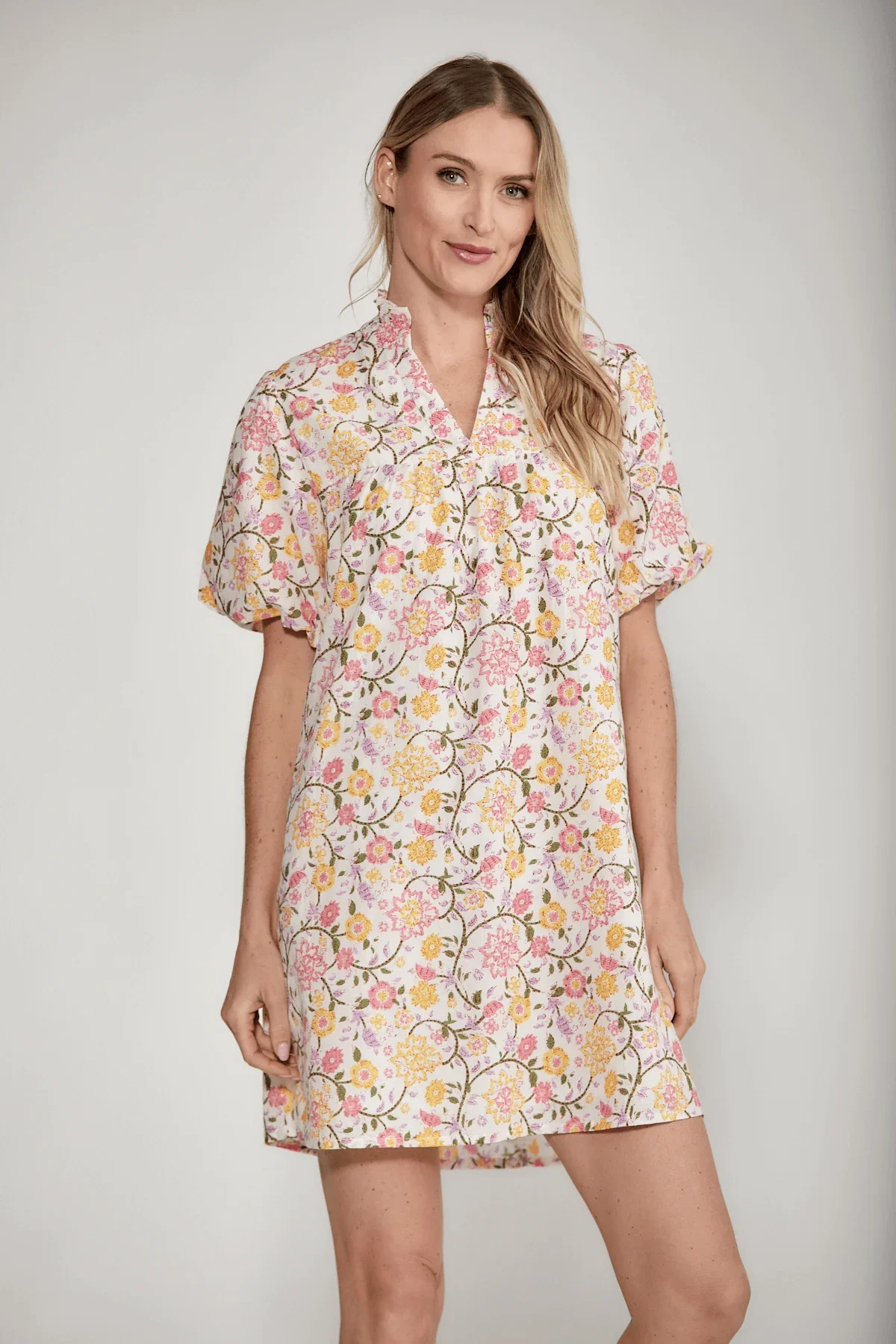 Image of THML Splitneck Puff Sleeve Floral Dress