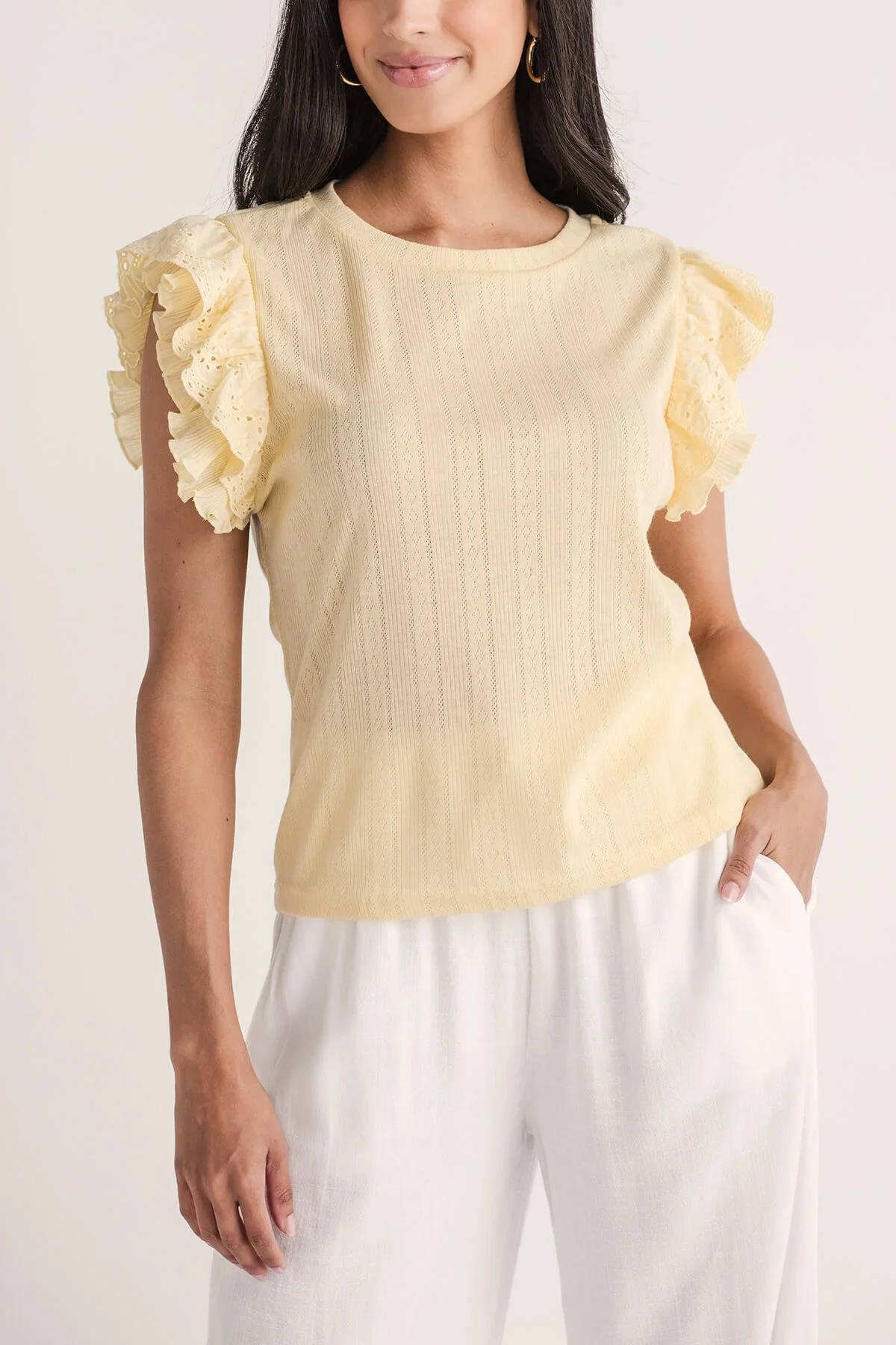 Image of Hem and Thread Pointelle Ruffle Top