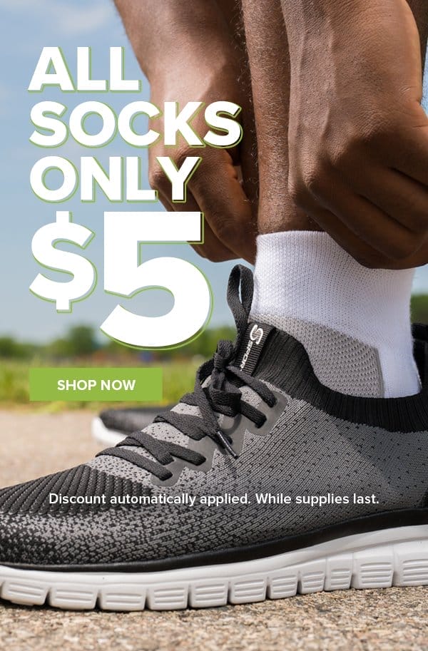 All Socks only \\$5. Shop Now. Discount automatically applied. While supplies last.