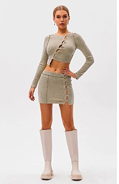 SOLADO Seam Detail Cut Out Asymmetrical Hem Crop Top & SOLADO Low Waist Seam Detail Cut Out Mini Skirt