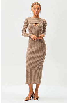 SOLADO 2 in 1 Cut Out Stripe Knitted Bodycon Maxi Dress