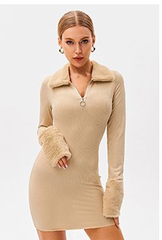 Halter Zipper Ribbed Knit Fluffy Splicing Mini Dress