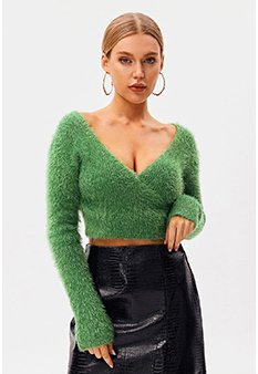 Plunging Neck Fluffy Long Sleeve Crop Sweater