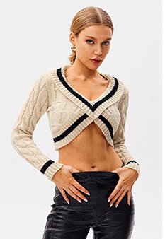 Plunging Neck Cable Knit Colorblock Trim Long Sleeve Sweater