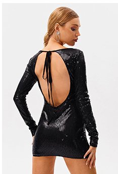 SOLADO Sequin Open Back Tie Detail Long Sleeve Mini Dress