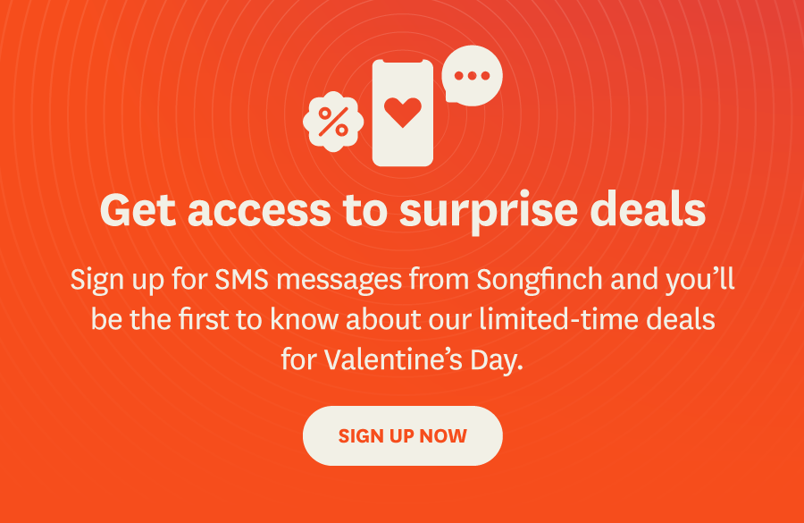 Get access to surprise deals. Sign up for SMS messages from Songfinch and you'll be the first to know about our limited-time deals for Valentine's Day.