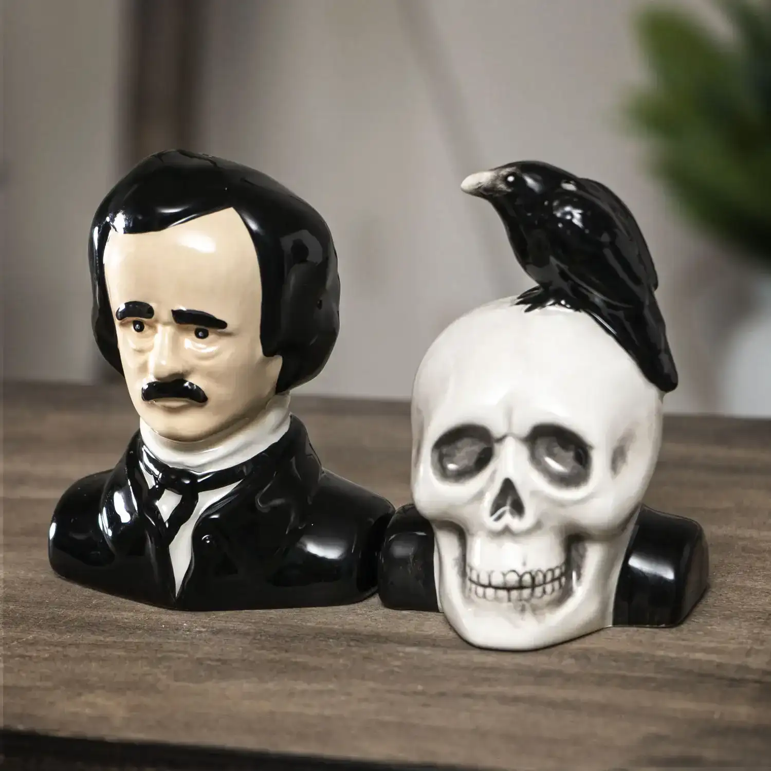 EDGAR ALLEN POE AND SKULL SALT & PEPPER SET